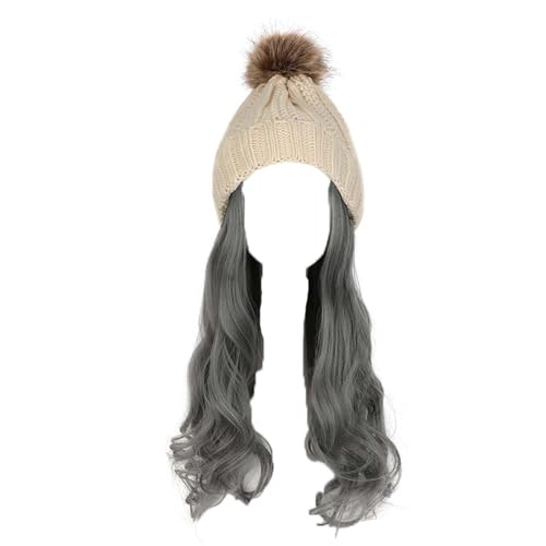 WUODHTW Frauen Beanie Hut Strickmütze Winter Wolle Strickmütze Lange Welle Locken Haar Abnehmbare warme Hutperücke Damenperücke von WUODHTW