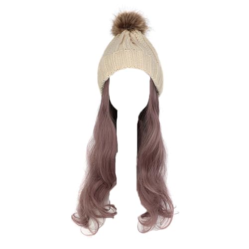 WUODHTW Frauen Beanie Hut Strickmütze Winter Wolle Strickmütze Lange Welle Locken Haar Abnehmbare warme Hutperücke Damenperücke von WUODHTW