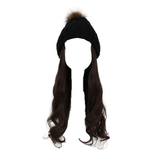 WUODHTW Frauen Beanie Hut Strickmütze Winter Wolle Strickmütze Lange Welle Locken Haar Abnehmbare warme Hutperücke Damenperücke von WUODHTW