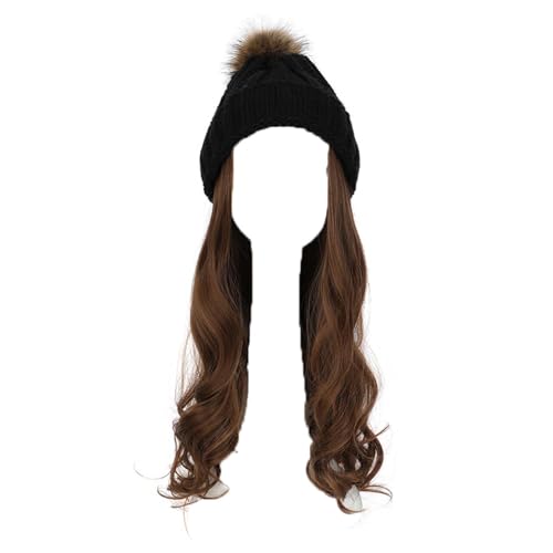 WUODHTW Frauen Beanie Hut Strickmütze Winter Wolle Strickmütze Lange Welle Locken Haar Abnehmbare warme Hutperücke Damenperücke von WUODHTW