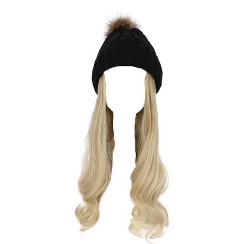 WUODHTW Frauen Beanie Hut Strickmütze Winter Wolle Strickmütze Lange Welle Locken Haar Abnehmbare warme Hutperücke Damenperücke von WUODHTW