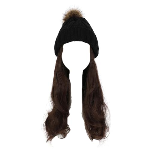 WUODHTW Frauen Beanie Hut Strickmütze Winter Wolle Strickmütze Lange Welle Locken Haar Abnehmbare warme Hutperücke Damenperücke von WUODHTW