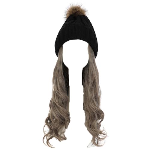 WUODHTW Frauen Beanie Hut Strickmütze Winter Wolle Strickmütze Lange Welle Locken Haar Abnehmbare warme Hutperücke Damenperücke von WUODHTW