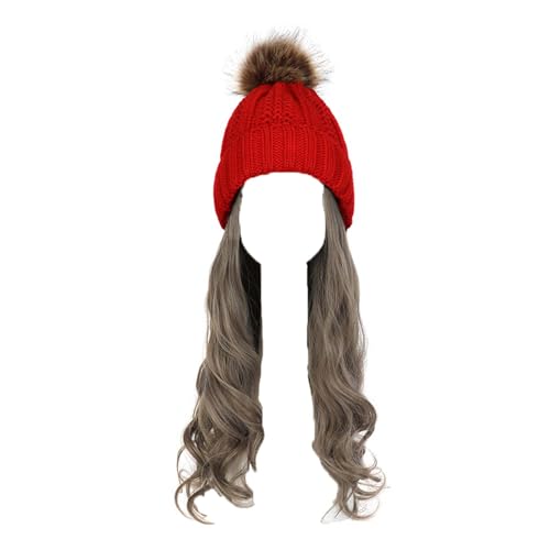 WUODHTW Frauen Beanie Hut Strickmütze Winter Wolle Strickmütze Lange Welle Locken Haar Abnehmbare warme Hutperücke Damenperücke von WUODHTW