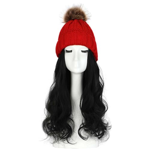 WUODHTW Frauen Beanie Hut Strickmütze Winter Wolle Strickmütze Lange Welle Locken Haar Abnehmbare warme Hutperücke Damenperücke von WUODHTW