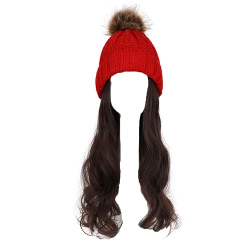 WUODHTW Frauen Beanie Hut Strickmütze Winter Wolle Strickmütze Lange Welle Locken Haar Abnehmbare warme Hutperücke Damenperücke von WUODHTW