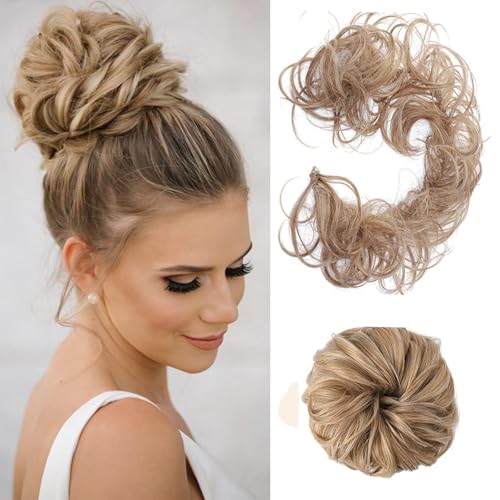 WUODHTW Frauen Lockiges Bun Haarteil Elastische Kordelzug Stücke Synthetische Lockige Welle Messy Bun Haarverlängerung Chignon Pferdeschwanz von WUODHTW