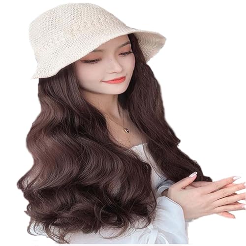 WUODHTW Frauen Perücke Strand Fischer Hut Große Welle Lockiges Haar Sonnenhut Perücke Wide Edge Strohhut Grau Gold Perücke von WUODHTW