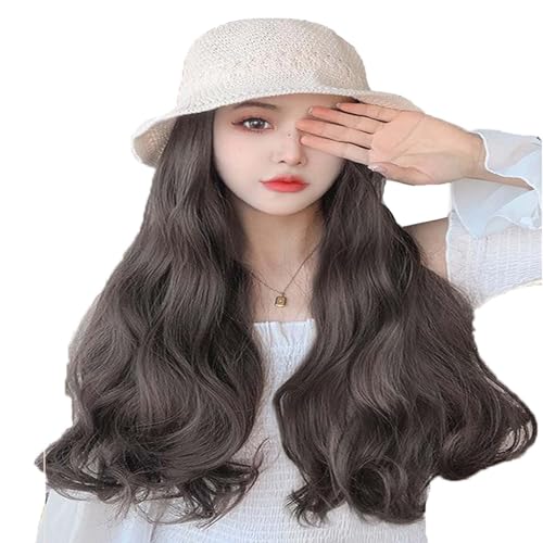 WUODHTW Frauen Perücke Strand Fischer Hut Große Welle Lockiges Haar Sonnenhut Perücke Wide Edge Strohhut Grau Gold Perücke von WUODHTW