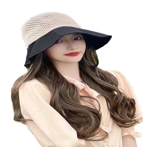 WUODHTW Frauen Perücke Strand Fischer Hut Große Welle Lockiges Haar Sonnenhut Perücke Wide Edge Strohhut Grau Gold Perücke von WUODHTW