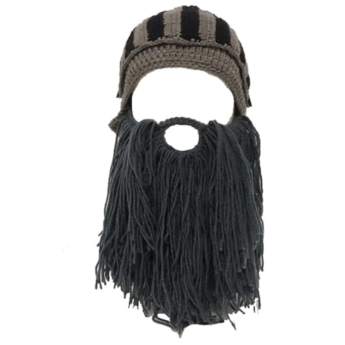 WUODHTW Handgefertigte Strickmütze Beanie Herren Big Beard Hat Viking Horns Caps Halloween Caps Lustige Skimütze, dunkelgrau, L von WUODHTW