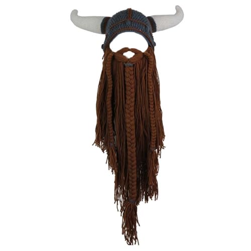 WUODHTW Herren Head Barbarian Vagabond Beanie Langbart Wikinger Strickmütze Stier Horn Handgemachte Strickmütze Warme Skimütze Lustige Partymütze, Grauer Hut-Kaffee-Bart, Einheitsgröße von WUODHTW