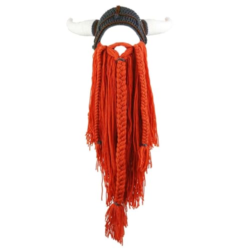 WUODHTW Herren Head Barbarian Vagabond Beanie Langbart Wikinger Strickmütze Stier Horn Handgemachte Strickmütze Warme Skimütze Lustige Partymütze, Grauer Hut-oranger Bart, Einheitsgröße von WUODHTW