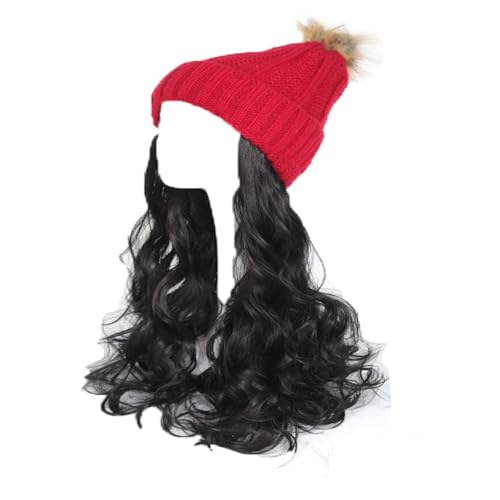 WUODHTW Hut Perücke Strick Hut mit Haar für Frauen Beanie Hut Perücke Lange wellige Haarverlängerung für Plüsch Winter Woll Hut Hut Perücke von WUODHTW