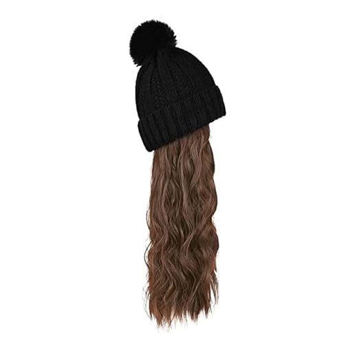 WUODHTW Hutperücke gestrickte Hutperücke Frauen Beanie Perücke Winter Beige wellige lange Haare Perücke schwarz Beanie Hut von WUODHTW