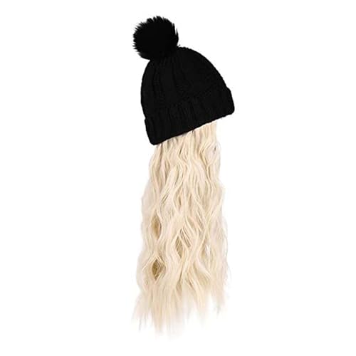 WUODHTW Hutperücke gestrickte Hutperücke Frauen Beanie Perücke Winter Beige wellige lange Haare Perücke schwarz Beanie Hut von WUODHTW