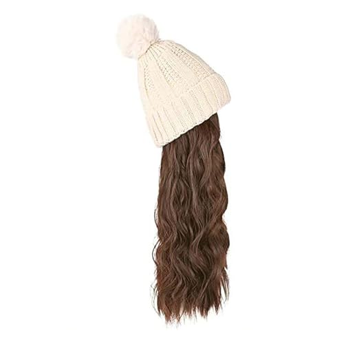 WUODHTW Hutperücke gestrickte Hutperücke Frauen Beanie Perücke Winter Beige wellige lange Haare Perücke schwarz Beanie Hut von WUODHTW