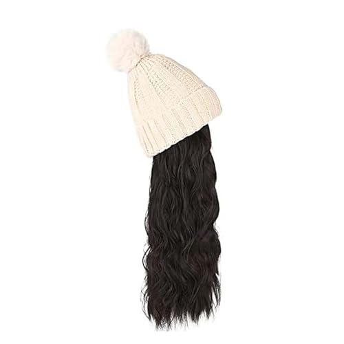 WUODHTW Hutperücke gestrickte Hutperücke Frauen Beanie Perücke Winter Beige wellige lange Haare Perücke schwarz Beanie Hut von WUODHTW