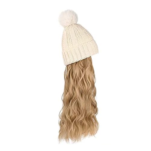 WUODHTW Hutperücke gestrickte Hutperücke Frauen Beanie Perücke Winter Beige wellige lange Haare Perücke schwarz Beanie Hut von WUODHTW