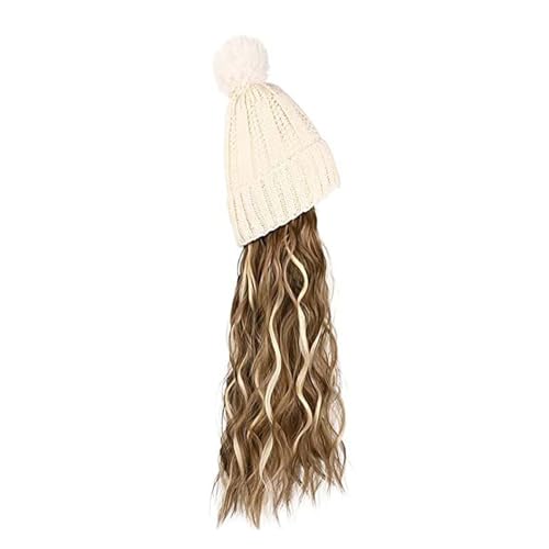 WUODHTW Hutperücke gestrickte Hutperücke Frauen Beanie Perücke Winter Beige wellige lange Haare Perücke schwarz Beanie Hut von WUODHTW