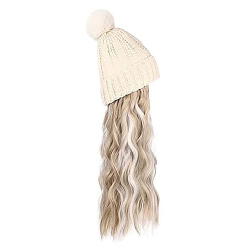 WUODHTW Hutperücke gestrickte Hutperücke Frauen Beanie Perücke Winter Beige wellige lange Haare Perücke schwarz Beanie Hut von WUODHTW