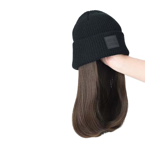 WUODHTW Winter Beanie Hut Strickmütze Lange Welle Lockiges Haar Modische schwarze Wolle Hut Innenknopf Bobo Kopf Perücke von WUODHTW