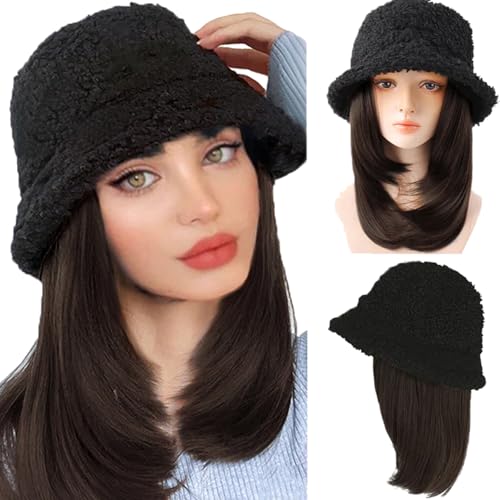 WUODHTW Winter Fischer Hut mit Haar Lockige Wellenige Gerade Haarteil Cosplay Perücke Hut Frauen Lamm Wolle Eimer Cap mit Perücke von WUODHTW