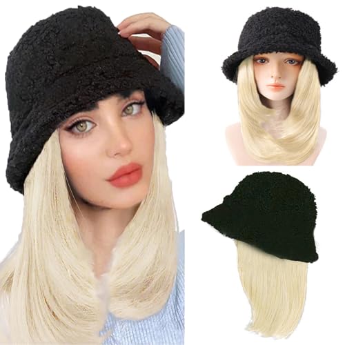 WUODHTW Winter Fischer Hut mit Haar Lockige Wellenige Gerade Haarteil Cosplay Perücke Hut Frauen Lamm Wolle Eimer Cap mit Perücke von WUODHTW