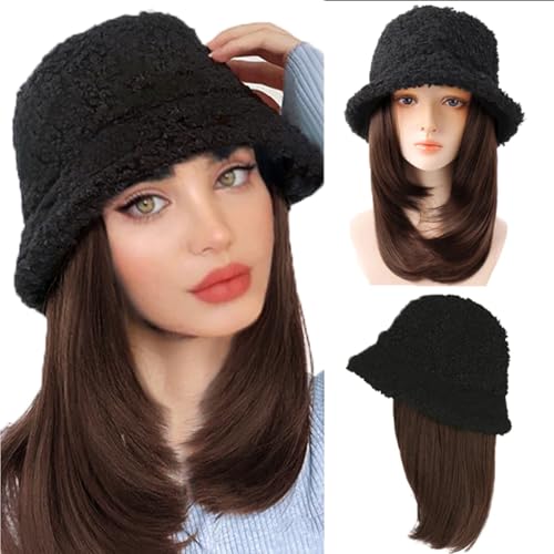 WUODHTW Winter Fischer Hut mit Haar Lockige Wellenige Gerade Haarteil Cosplay Perücke Hut Frauen Lamm Wolle Eimer Cap mit Perücke von WUODHTW