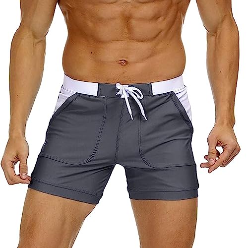 WUOJI Herren Boxer-Badehose mit Taschen Badeshorts Sportlich Körperbetont Schwimmhose Baden Strand Bermuda Shorts Gummibund mit Kordelzug Enge Boardshorts von WUOJI