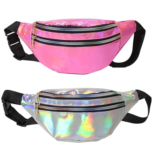2 Stück Bauchtasche Gürteltasche Damen, Verstellbarer Gurt Hüfttasche,Sport Wasserdicht Hüfttasche,Holographische Fanny Pack mit Taschen für Damen Outdoor Wandern Reisen Party Festival(2 Farben) von WUPENGZON