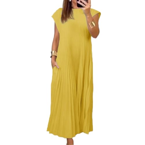 Damen-Kleid, plissiert, schlicht, einfarbig, lässig, Übergröße, elegante Stile, Sommer-Maxikleid mit Taschen, gelb, X-Large von WUQILONGBANG