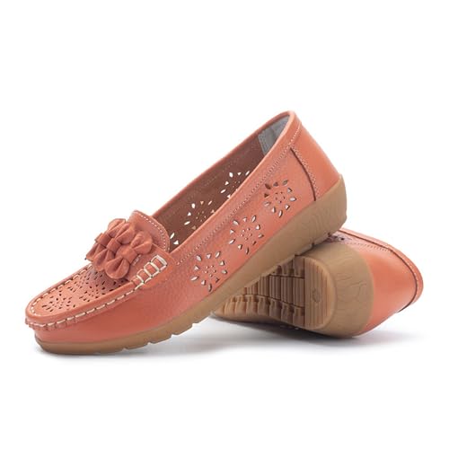 Flache modische bequeme Lederschuhe, atmungsaktiv, lässig, Loafer, Damen, bequem, zum Spazierengehen, flache Loafer, Orange, 35. von WUQILONGBANG