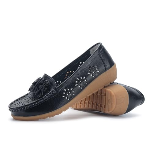 Flache modische bequeme Lederschuhe, atmungsaktiv, lässig, Loafer, Damen, bequem, zum Spazierengehen, flache Loafer, Schwarz , 35. von WUQILONGBANG