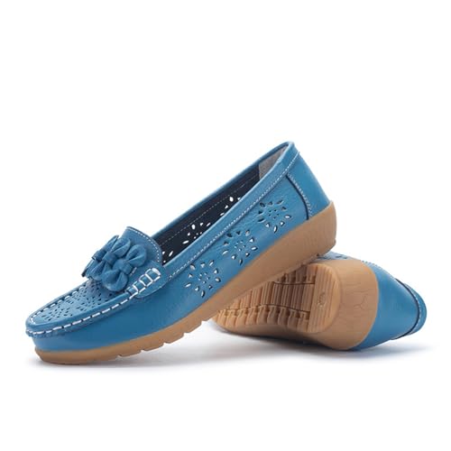 Flache modische bequeme Lederschuhe, atmungsaktiv, lässig, Loafer, Damen, bequem, zum Spazierengehen, flache Loafer, blau, 35. von WUQILONGBANG