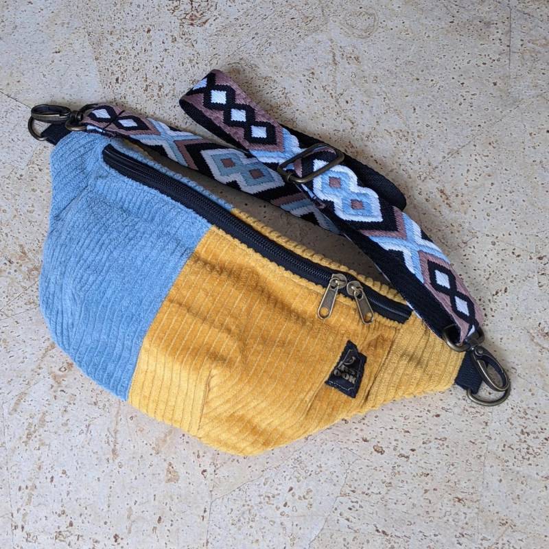 Bauchtasche Cord Gelb Blau Crossbody Hip Bag Festival Tasche Damen Herren Umhängetasche Gürteltasche - Handmade By Wurstlook von WURSTLOOK