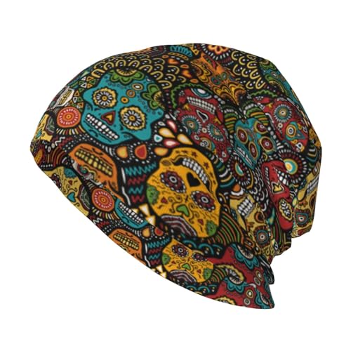 Bike-Print Beanie Mütze Erwachsene Stretch Strick Skull Beanies Cap Hüte Slouchy Casual Loose Hat, Bunte Totenköpfe aus Zucker, Einheitsgröße von WURTON