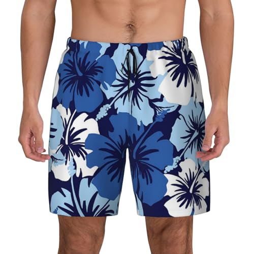 Blauer Hibiskus Print Herren Badehose Doppellagige Badehose - Hawaii Strandshorts mit elastischem Bund, Schwarz, Large von WURTON