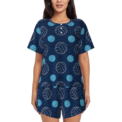 Blauer Volleyball-Print Damen-Shorts, Pyjama-Set, kurzärmelig, Nachtwäsche, Pjs S-4XL, Schwarz, M von WURTON