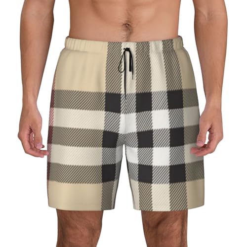 Graue zweilagige Herren-Badehose mit kariertem Linienmuster – hawaiianische Strandshorts mit elastischem Bund, Schwarz, Medium von WURTON