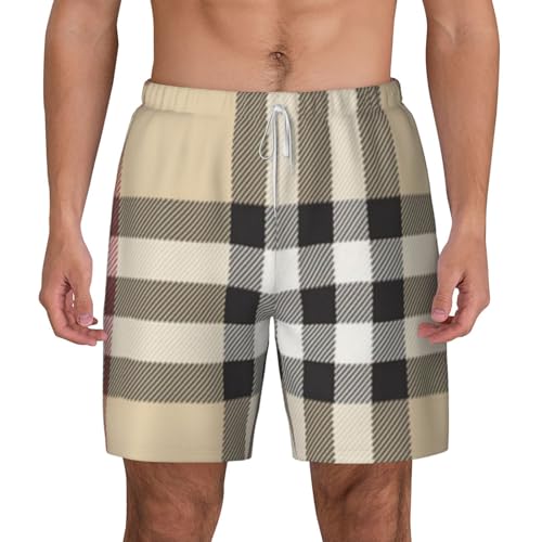 Graue zweilagige Herren-Badehose mit kariertem Linienmuster – hawaiianische Strandshorts mit elastischem Bund, Weiss/opulenter Garten, Medium von WURTON