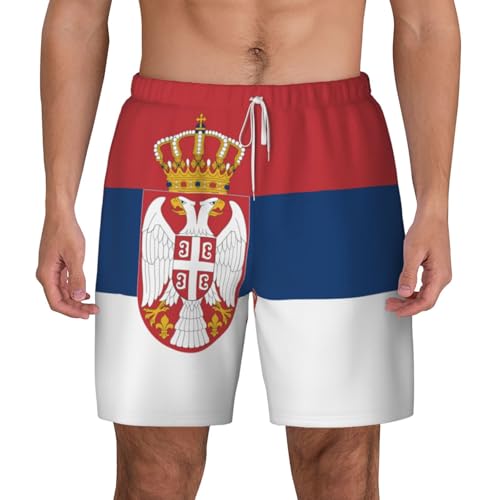 Herren Badehose mit Flagge von Serbien, doppellagig, Hawaii-Strandshorts mit elastischem Bund, Weiss/opulenter Garten, X-Large von WURTON