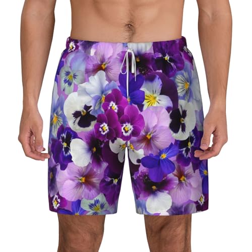 Lila Blumendruck Herren Doppellagige Badehose - Hawaii-Strandshorts mit elastischem Bund, Weiss/opulenter Garten, Medium von WURTON