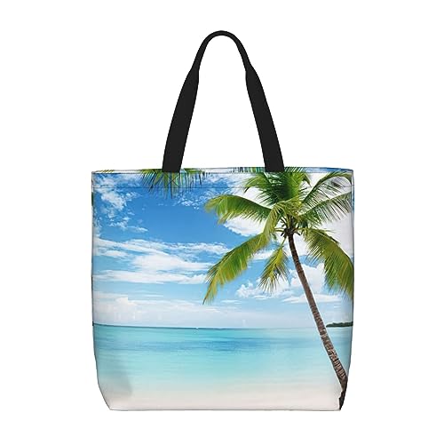 Pier Print Tote Bag Ästhetische Für Frauen, Lehrer, Wasserdichte Wiederverwendbare Einkaufen Strandtaschen, Palme über dem blauen Meer, Meereslandschaft, Einheitsgröße von WURTON