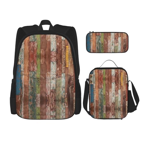 Stall Rucksack mit Holzdruck für Mädchen und Jungen, Schultaschen, Teenager, Lunchbox und Federmäppchen, 3-in-1-Büchertaschen-Set von WURTON