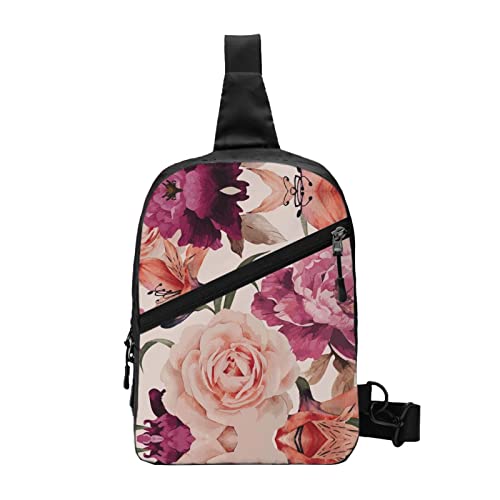 Umhängetasche mit Norwegeninsel-Druck, Unisex, Crossbody-Tasche, Sling-Rucksack, für Herren und Damen, Reisen, Wandern, Tagesrucksack, Pink Flowerand Rose, One Size von WURTON