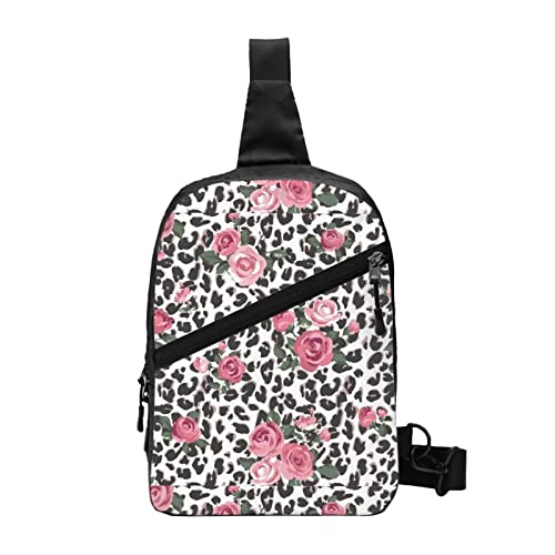 Umhängetasche mit UK-Flagge, Unisex, Crossbody-Tasche, Sling-Rucksack, für Damen und Herren, Reisen, Wandern, Tagesrucksack, Rosa süßes Rosen-Mix Leopardenmuster, Einheitsgröße von WURTON