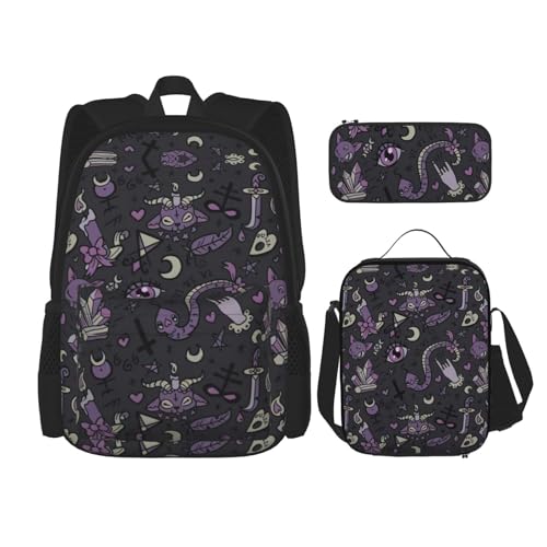 WURTON 3-in-1-Büchertaschen-Set für Mädchen, Jungen, Schultaschen, Lunchbox, Federmäppchen und Federmäppchen, Violett / Schwarz von WURTON