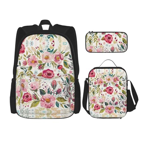 WURTON 3-in-1-Büchertaschen-Set für Mädchen und Jungen, mit Blumen-Blatt-Motiv, Schultaschen und Federmäppchen von WURTON