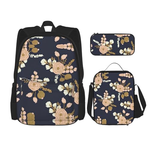 WURTON 3-in-1-Büchertaschen-Set für Mädchen und Jungen, mit Rosen-Blumenmuster, für Schultaschen, Teenager, Lunchbox und Federmäppchen von WURTON